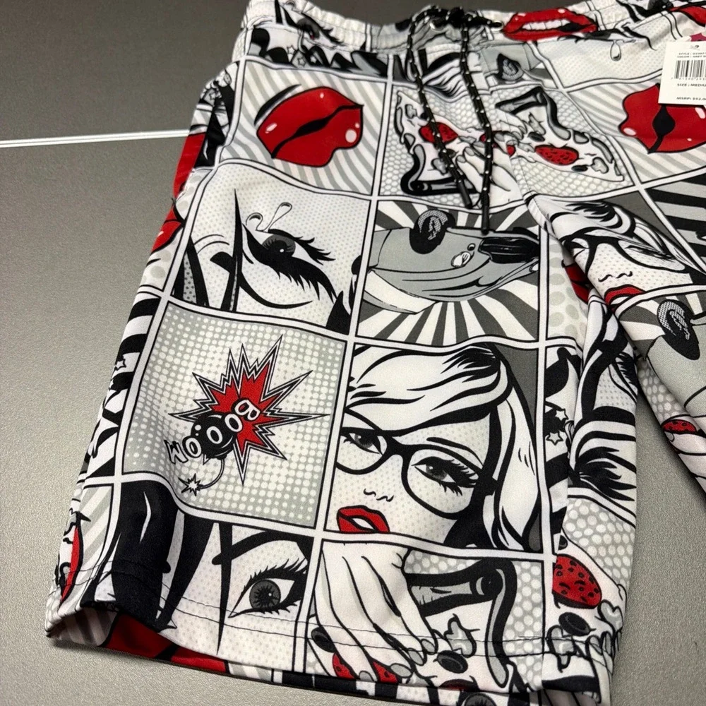 Drill Clothing Co. Men's Shorts Medium White Black Red Pop Art NWT